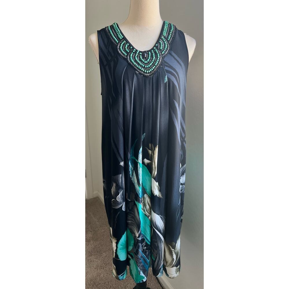 STUDIO I Floral Turquoise Black Blue Beaded Neckline Sleeveless Swing Dress 14 - Picture 2 of 9